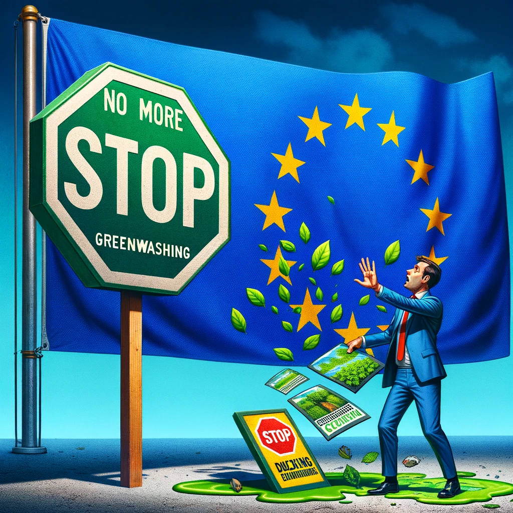 A symbolic image representing the European Union putting an end to greenwashing. The image should depict a large, bold EU flag in the background.
