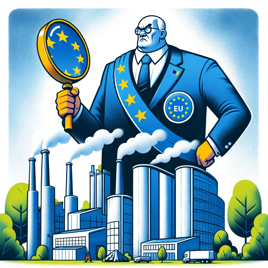 Illustration of the European Union enforcing strict environmental regulations. The image should show a large, authoritative figure wearing a sash with